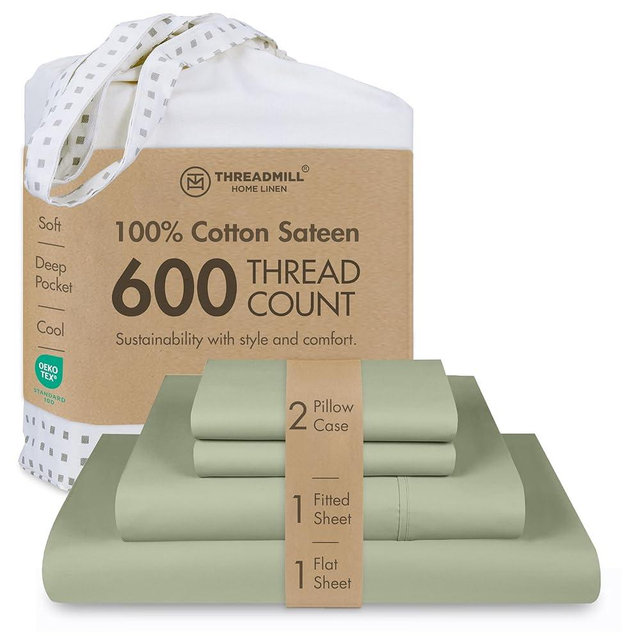 Threadmill 100% Cotton Sheets for Full Size Bed - 600 Thread Count Full Bed Sheets Set with 16” Deep Pocket - Sateen Weave 4-Piece Bedding Set with Cooling Effect, Sage Green