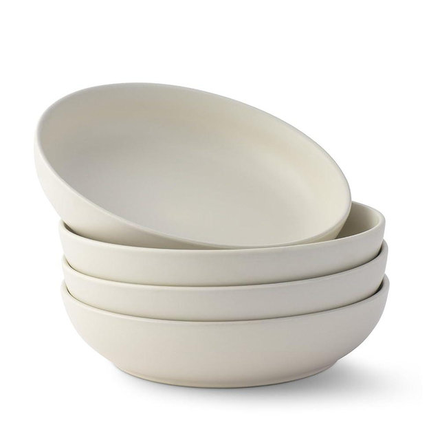 JoyJolt Mesa 40oz Stoneware Serving Bowls Set of 4, Large Pasta Salad Pho Soup Plates for Kitchen, Dishwasher and Microwave Safe, Aesthetic Kitchen Essentials - Matte White (Linen)