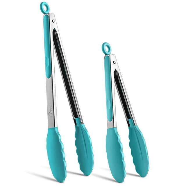 HOTEC Premium Stainless Steel Locking Kitchen Tongs with Silicon Tips, Set of 2-9" and 12", Blue