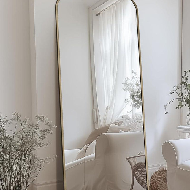 Arched Full Length Mirror, 64"x21" Floor Mirror Freestanding with Carved Metal Frame & Bottom Art Carved, Full Body Mirror for HomeDecor, Standing/Halling Large Wall Mirror for Bedroom, Bronze