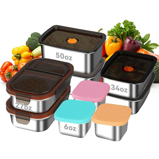 YUANYE 9 Pack 50/34/27/6oz Stainless Steel Food Storage Containers Sets, Leak-Proof Airtight Lunch Box with Lids, Small Snack Containers Oven/Dishwsher/Freezer Safe for Meal Prep, School, Work, Picnic