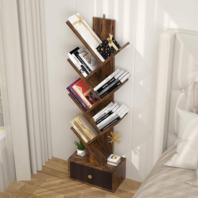 Tree Bookshelf with Drawers, 7-Shelf Floor Standing Bookcase, Unique Storage Organizer Shelves for Books, CDs Albums, DVDs, Modern Display Shelf Wood Media Storage Rack for Home Office, Rustic Brown