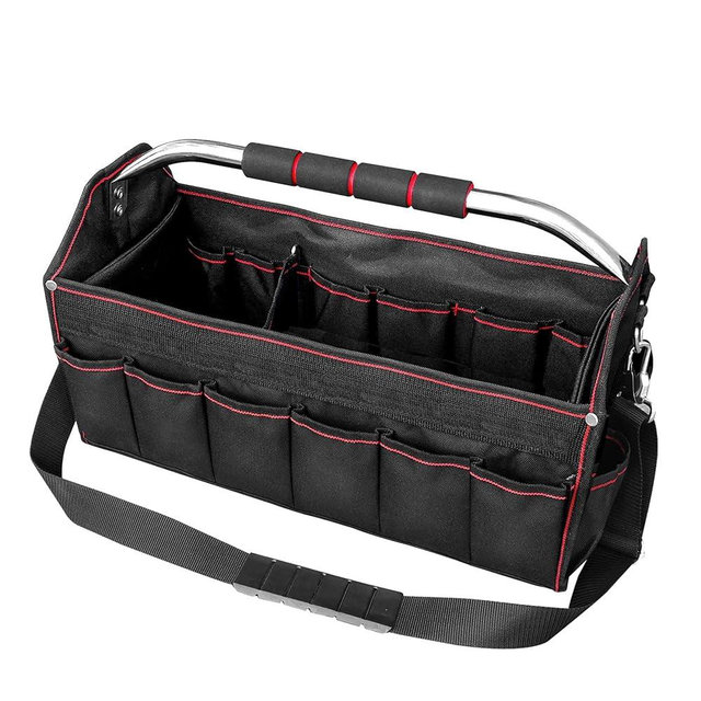 HAUTMEC 18 Inch Tool Bag, Foldable Open Top Tool Tote with 27 Pockets and Removable Partition, Heavy-Duty Electrician Tool Bag with Adjustable Shoulder Strap & Water-Resistant Molded Base – HT0020
