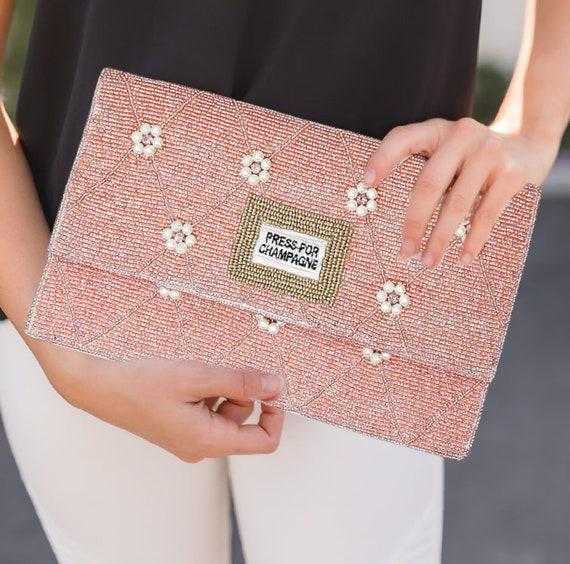 PRESS FOR CHAMPAGNE Pink Pearl Beaded Crossbody Chain Clutch Wedding Party Handbag