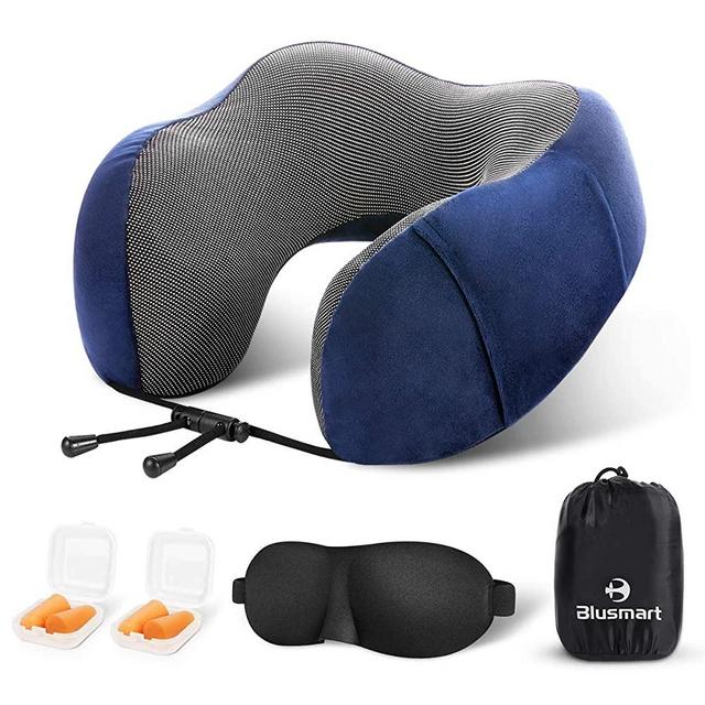 Blusmart Travel Pillow 100% Pure Memory Foam Neck Pillow Breathable & Comfortable Machine Washable Cover Airplane Travel Kit with 3D Sleep Eye Mask, Earplugs and Compact Bag