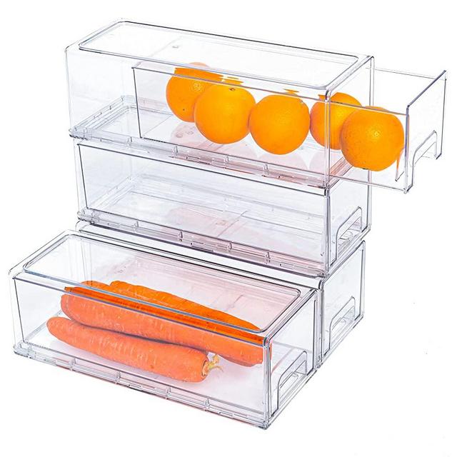 4pack YouLike Clear Pull-Out Bin Stackable Refrigerator Organizer Drawer Plastic Cabinets Pantry Storage Containers for Bedrooms Home Office Closet & Shoe Organization(13.5”x5”x4.5”)