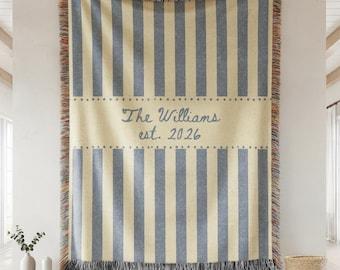 Personalized Family Name Woven Blanket, Custom Throw With Last Name and Est Year, Wedding Gift For Couple, Cotton Anniversary Gift