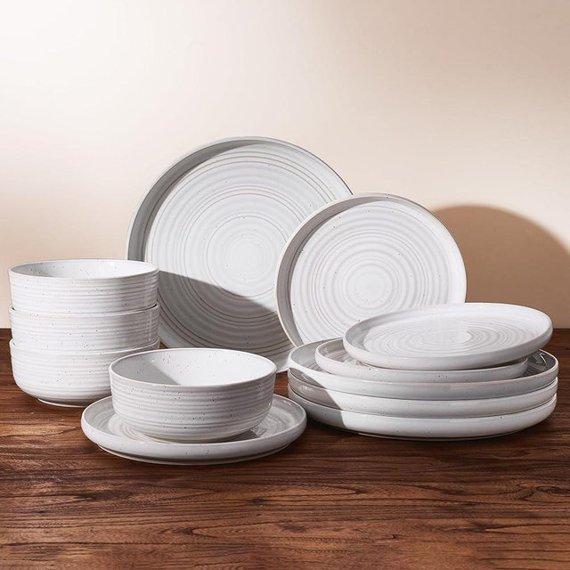 Famiware Premium Stoneware Dinnerware Sets, Plate and Bowl Sets for 4, 12 Pieces Spiral Flared Dishware Set with Speckles & Reactive Glaze - Microwave and Dishwasher Safe Tableware, White