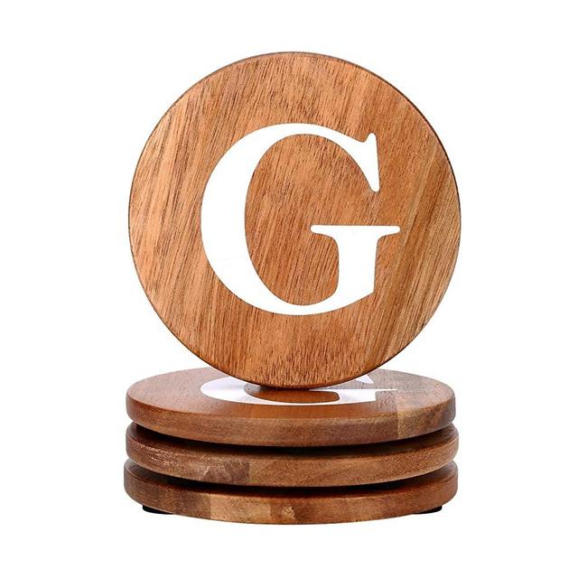 Wood Coasters Set, Natural Wooden letters Coasters for Drinks, Set of 4 Wood Coasters, Wedding Coasters, Personalized Gifts Customizable with Name, Monogrammed Letter G
