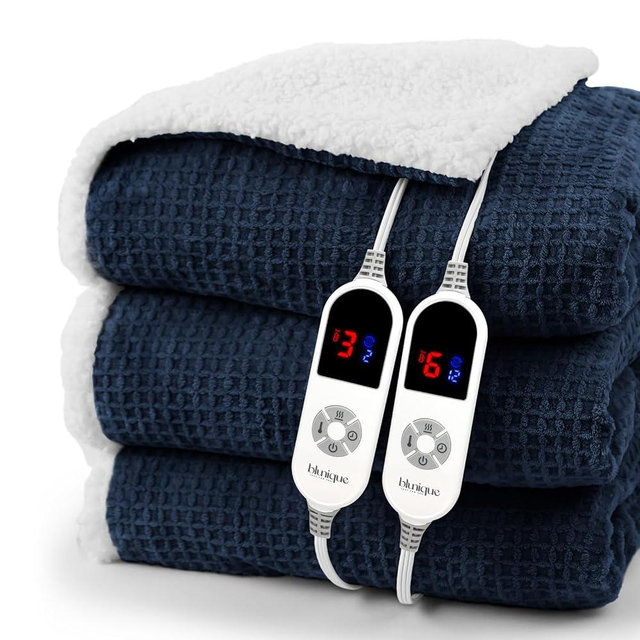 blunique Heated Blanket Electric Blanket Queen Waffle,84x90 Inches Sherpa Fleece Fast Heating Blanket 6 Heating Levels & 10 Hours Auto Off ETL Certification, Navy Queen
