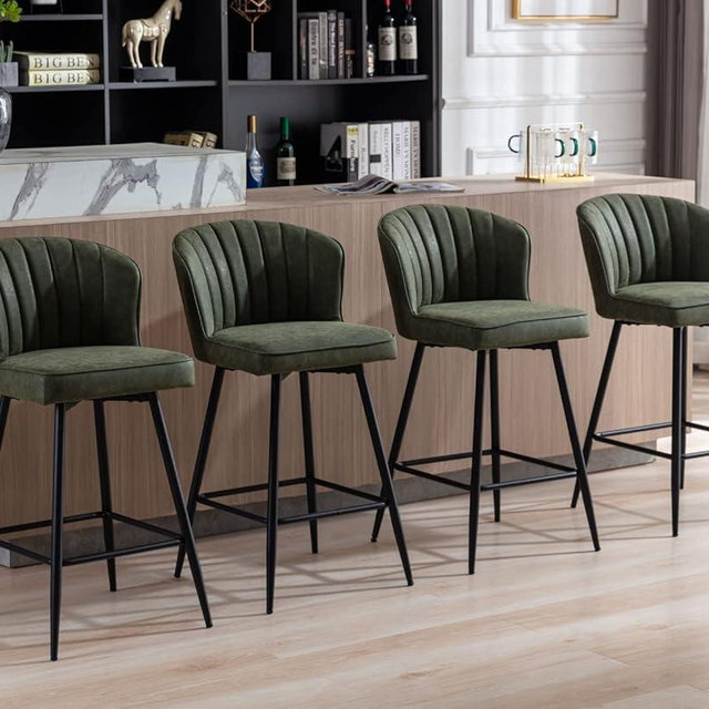 EALSON 26 Inch Counter Height Bar Stools Set of 4 Leather Counter Stools with Back Modern Comfortable Bar Chairs with Metal Footrest Upholstered Kitchen Island Stools for Home Bar Dining Room, Green