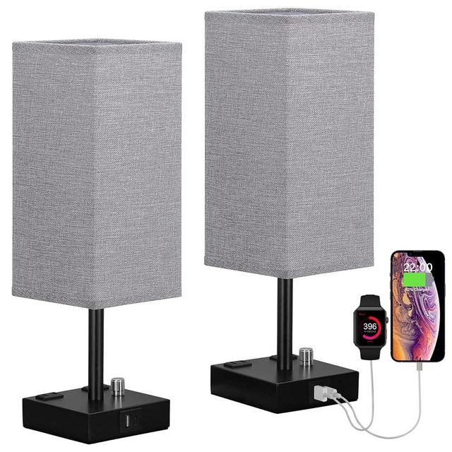Gray Fully Dimmable Nightstand Lamps Set of 2 - Table Bedside Lamp with USB C+A Charging Ports & 2 AC Outlets, Square Lamp Sets Linen Fabric Shade for Bedroom Living Room(Bulb Included)