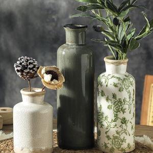 Vintage Vase Set of 3, Ceramic Vintage Flower Vases, Chinoiserie Decorative Home Decor Retro Floral Vase Rustic Farmhouse Decor for Table Bookshelf Mantel Kitchen Living Room Office - Green and Beige
