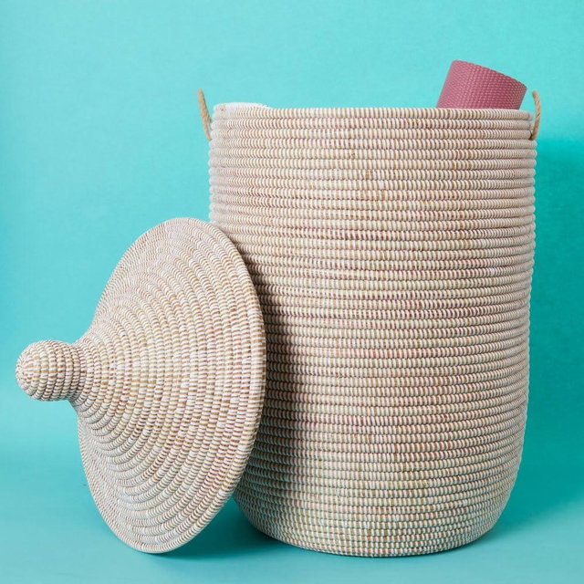 Basket, Laundry Hamper, Toy Storage, Blanket Basket, With Lid, Wicker, Woven, Bedroom, Living Room, Nursery, Decorative, Tall, Large, White