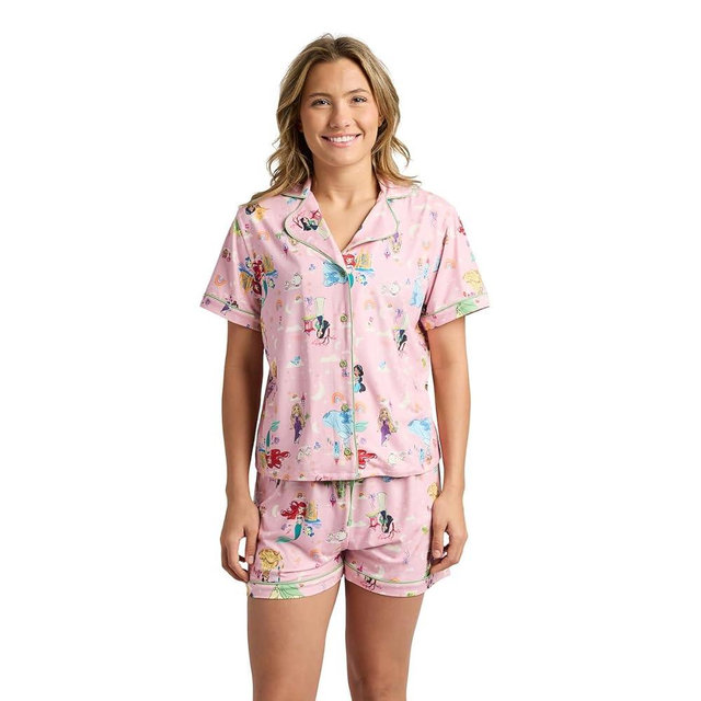 Disney Princesses Women's Notch Collar Button-Down Shirt and Shorts Sleepwear Set