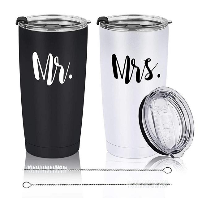 Mr & Mrs Tumbler Set of 2 | Stainless Steel Travel Tumbler Ideas for Newlyweds Couples Wife Bride To Be Newly Engaged Bridal Shower, Insulated Travel Tumbler for Wedding Engagement(20 oz, Black&White)