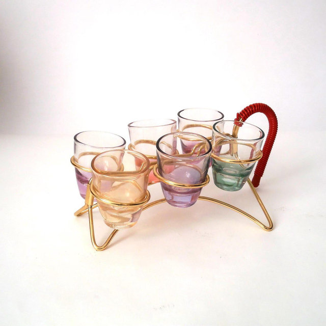 Shot glasses rack, rainbow short glasses rack, 50s shot glasses, 50s short glasses, mid century barware, gift for him her, retro bar tool