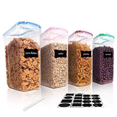 Vtopmart Cereal Storage Container Set, BPA Free Plastic Airtight Food Storage Containers for Cereal, Snacks and Sugar, 4 Piece Set Cereal Dispensers with 24 Free Chalkboard Labels