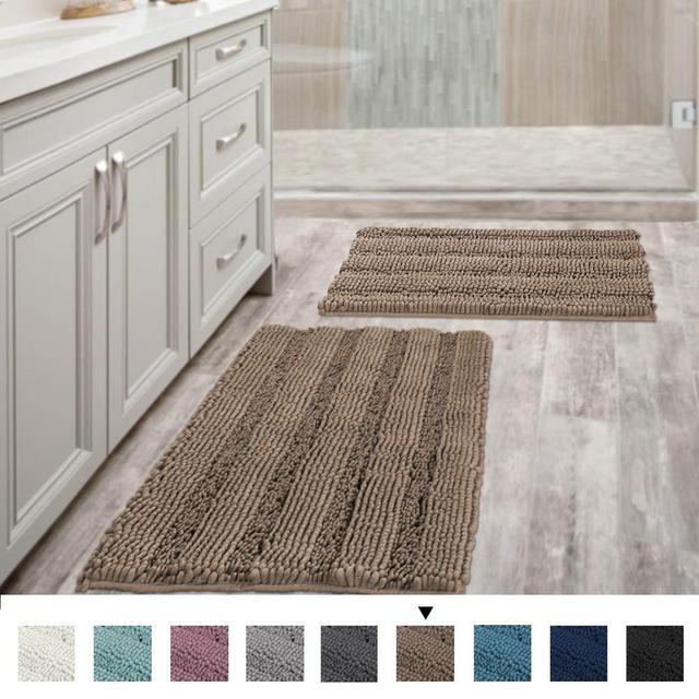 Extra Thick Chenille Striped Pattern Bath Rugs for Bathroom Non Slip - Soft Plush Shaggy Bath Mats for Bathroom Floor, Indoor Mats Rugs for Entryway (Taupe Brown, 32 x 20 Plus 24 x 17 - Inches)