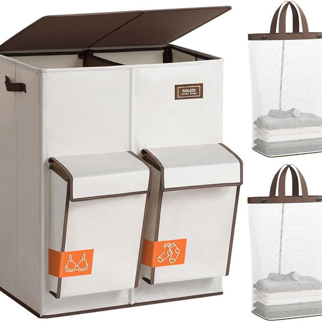 SOLEDI Double Laundry Hamper with Lid, 47.8 Gal (180L) Large Laundr Basket 2 Section with 2 Side Pockets, Dirty Clothes Hamper with Removable Bag, Easy to Carry for Laundry Room, Bedroom, Beige