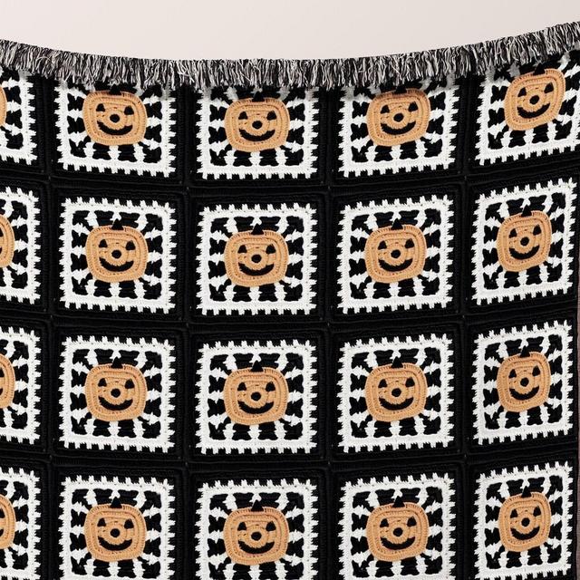 Halloween Blanket Woven Granny Square Cotton Throw Blanket, Jack O Lantern Pumpkin Cute Halloween Decor, Fall Bedding Halloween Gift Idea