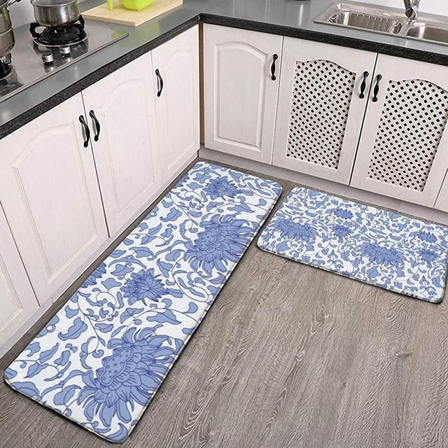 JUCHen 2 Pcs Kitchen Rug Set Chinoiserie Vines in Delft Blue White Non-Slip Kitchen Mats and Rugs Soft Flannel Non-Slip Area Runner Rugs Washable Durable Doormat Carpet
