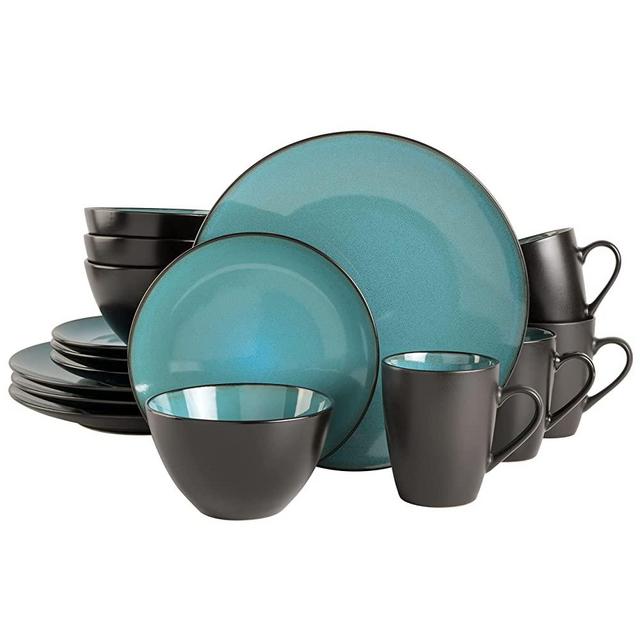 Gibson Elite Soho Lounge Round Reactive Glaze Stoneware Dinnerware Set, Service for 4 (16pc), Teal