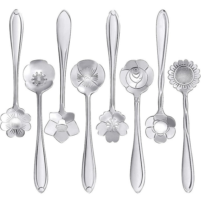 Maitys 16 Pieces Stainless Steel Flower Coffee Spoon Dessert Spoon Sugar Spoon Ice Cream Spoon Stirring Spoon Tea Spoon Milkshake Spoon Set for Tableware Kitchen, Cafe or Bar (Silvery)