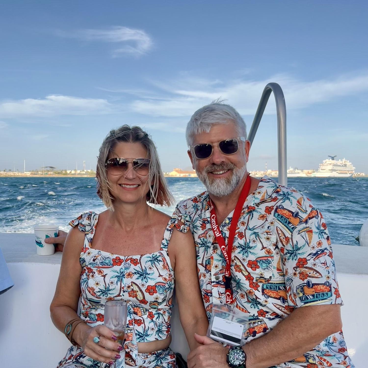 Leveling up with matching outfits on a champagne sunset cruise in Aruba!