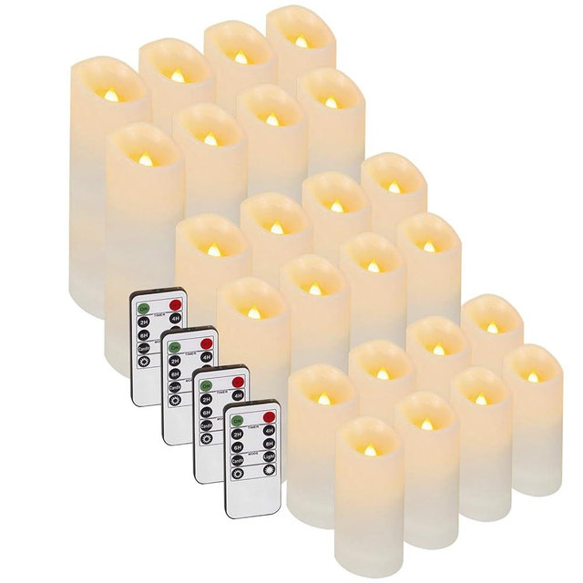 Enido 24 Pc Flameless LED Candles with Remote & Timer, Outdoor Waterproof, Flickering Electric Warm Lights for Cozy Home & Holiday Romantic Decor, Battery Operated (D 2.2” x H 4”/5”/6”