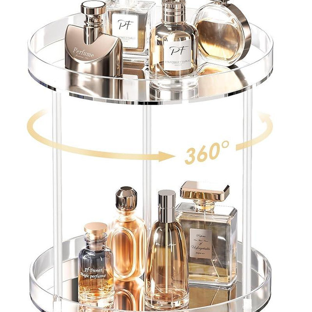 Lolalet 360 Degree Rotating Acrylic Perfume Organizer Stand, 2 Tiers Clear Perfumes Holder Display Rack, Makeup Skincare Organization for Vanity Bathroom Countertop -Large, Clear