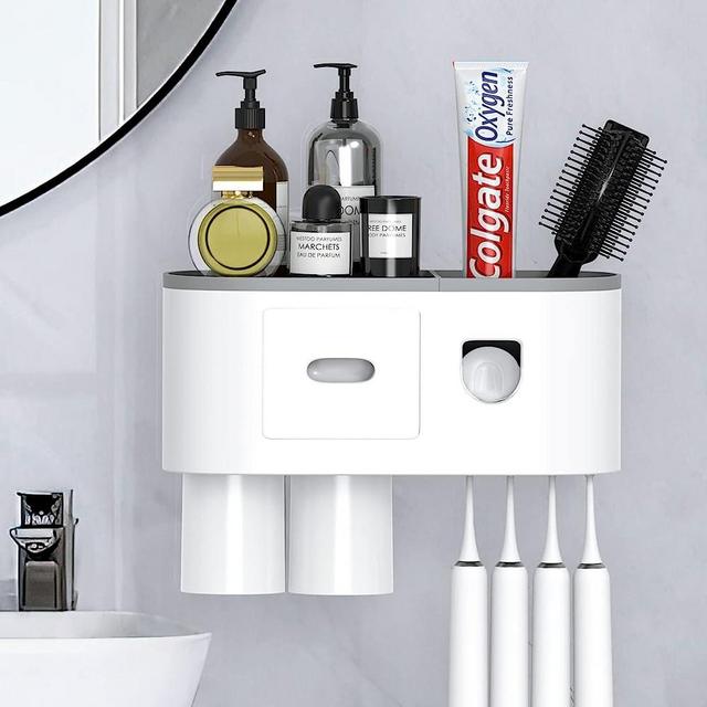 Toothbrush Holder Wall Mounted for Bathrooms, LJ KuKu Lady Toothbrush and Automatic Toothpaste Dispenser Squeezer, with 2 Magnetic Cups, 4 Organizer Slots, Drawer Storage Tray