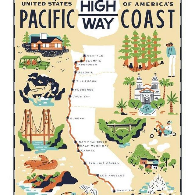 Vestiges ‘Pacific Coast Highway Sites & Attractions’ Kitchen Towel, Full Size Color Artwork, 21.5" x 32" 100% Cotton Pique