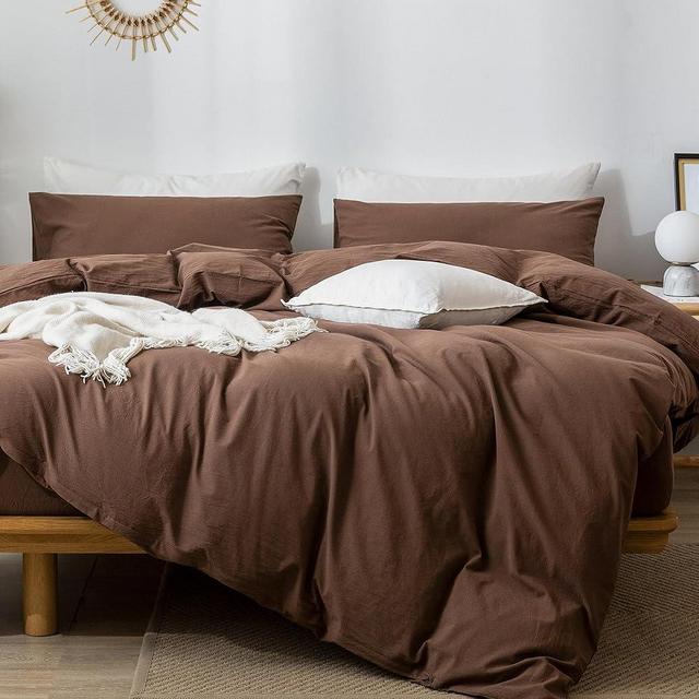 MooMee Bedding Duvet Cover Set 100% Washed Cotton Linen Like Textured Breathable Durable Soft Comfy (Cocoa Brown, Oversized King)