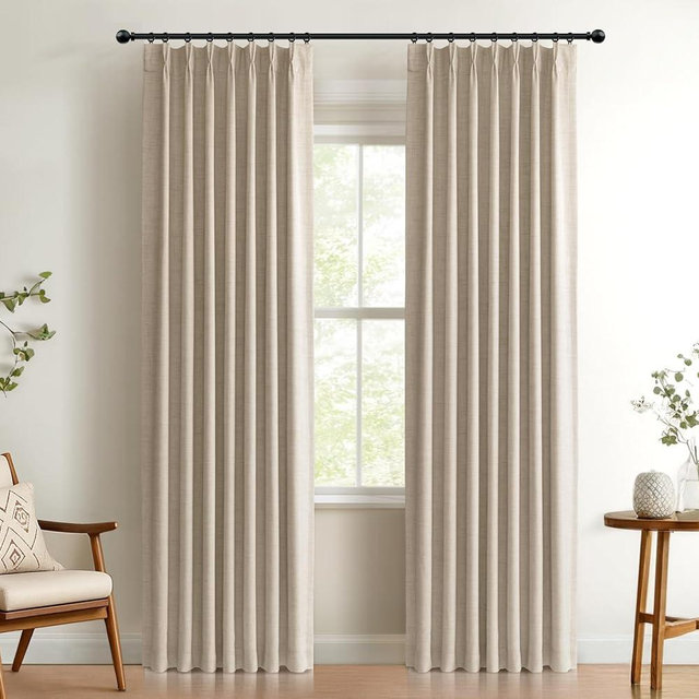 100% Blackout Shield Linen Look Textured Pinch Pleated Curtains Blackout Drapes 90 Inch Long 2 Panels Set, Faux Linen Blackout Curtains for Bedroom & Living Room, 40" W x 90" L, Oatmeal