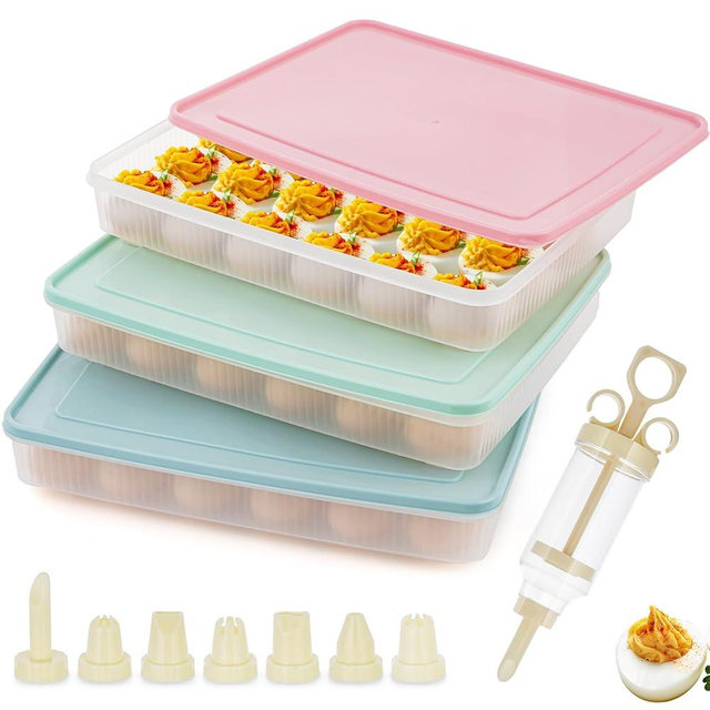 3 Pack 72 Count Deviled Egg Containers with Lid and 8 Pcs Deviled Egg Injector Piping Tool, Egg Organizer for Refrigerator, Fridge Stackable Countertop Portable Egg Platter for Party, Picnic, Travel