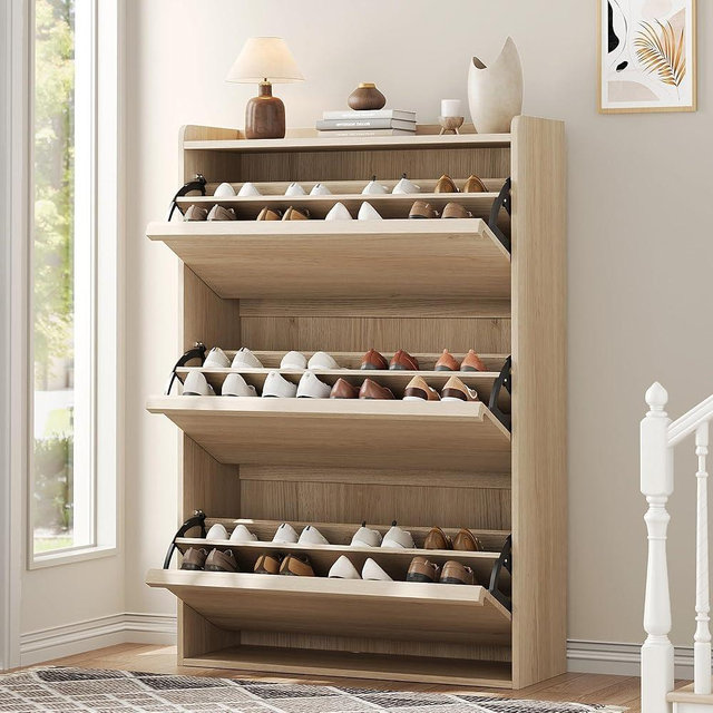 GAOMON Shoe Cabinet with 3 Flip Drawers, Modern Shoe Storage for Entryway, Wooden Shoe Organizer Cabinet with Adjustable Shelf, Hidden Shoe Rack for Hallway, Living Room, Natural