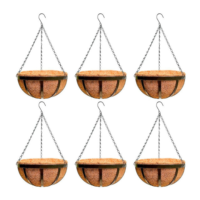 LaLaGreen Outdoor Hanging Baskets for Plants (12 Inch, 6 Pack) Medium Hanging Planter with Coco Liner, Flat Iron Metal Round Plant Flower Pots for Deck Patio Porch Garden Balcony Outside Decoration