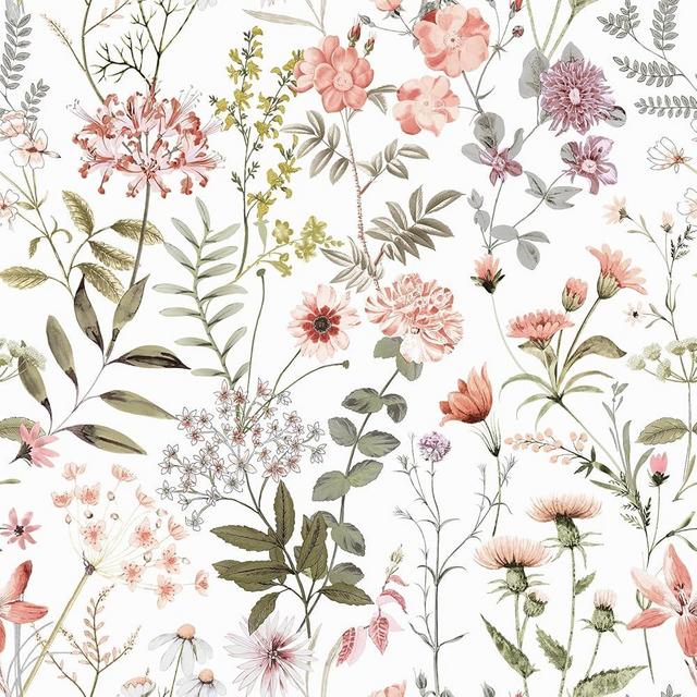 VEELIKE Vintage Peach Pink Floral Wallpaper Peel and Stick Removable Wildflowers Pink Botanical Wallpaper for Nursery Girls Bedroom 17.7''x118'' Self Adhesive Floral Contact Paper for Walls Cabinets