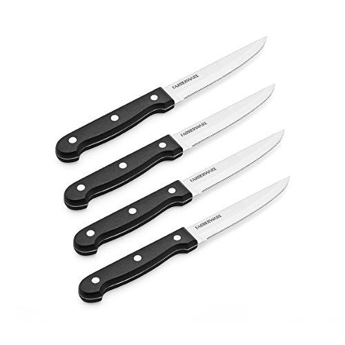 Farberware 5171943 4-Piece Full-Tang Triple Rivet 'Never Needs Sharpening' Stainless Steel Steak Knife Set, Black