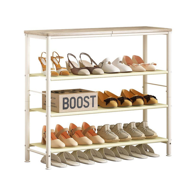 INGIORDAR Shoe Rack Organizer 5 Tier Metal Organizer Shelf with Industrial MDF Board and Layer Fabric for Entryway Closet Bedroom Living Room Garage (White, 4 Tier)