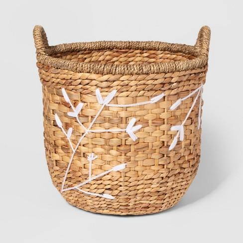 17.3" x 15.3" Embroidered Water Hyacinth Basket Natural/White - Threshold™