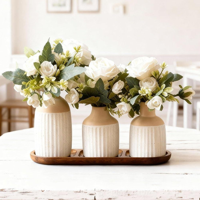 Set of 3 Artificial Flowers in Ceramic Vases with Wood Tray - Modern Minimalist Nordic Boho Farmhouse Dining Table Centerpiece Decor for Kitchen Island, Living Room Coffee Table,Tabletop(Beige White)