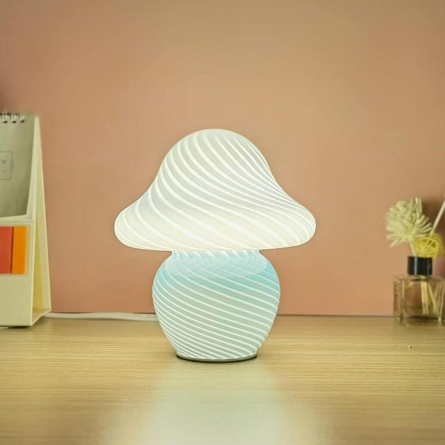 CometMars Mushroom Lamp, Small Table Lamp with Sea Blue Striped Glass, Cute Little Swirl Navy Blue Nightstand Lamp for Bedroom Bedside Dorm Living Kitchen, Modern Aesthetic Lamp for Home Decor Gift