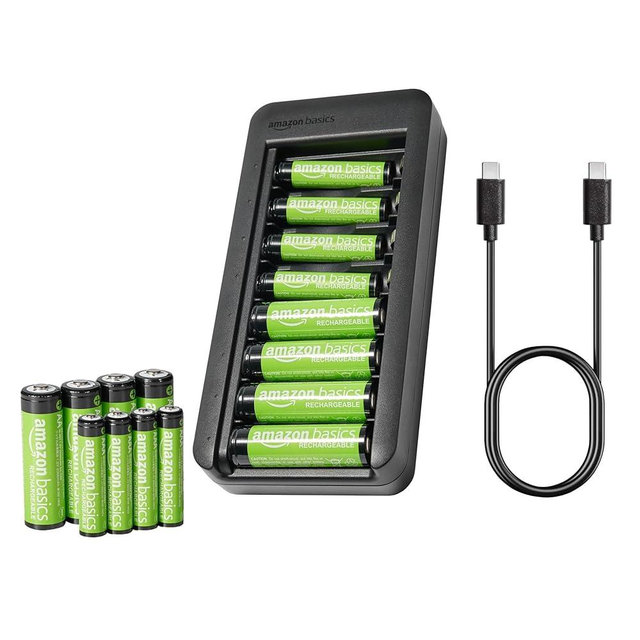 Amazon Basics Rechargeable NiMh AAA 800mAh 8 Pack + AA 2000mAh 8 Pack, with 8 Bay Battery Charger, No AC Power Adapter, USB C Port