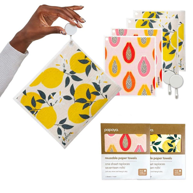Papaya Reusable Paper Towels 4-Pack - 4 Sheets + 2 Hooks, Quick Drying, No Odor, 1 Sheet Replaces 17 Rolls, Washable Kitchen Cloth, Sustainable Dish Sponge, Eco Friendly Gift (Fruit Salad)