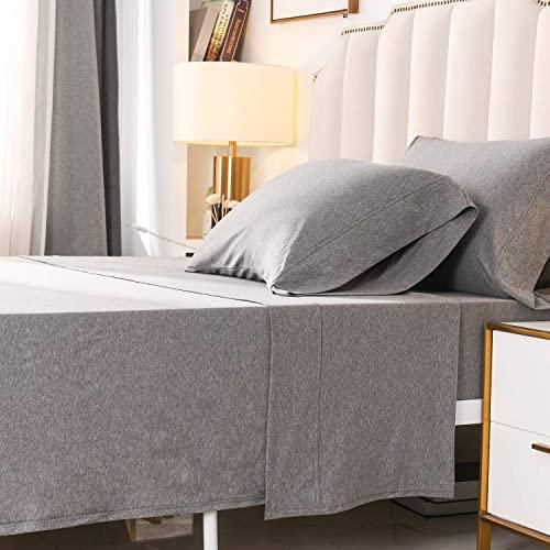 PURE ERA Jersey Knit 4pc Bed Sheet Set 100% T-Shirt Heather Cotton Super Soft Comfy Breathable Fits Mattress Up to 20" Extra Deep Pocket Dark Grey King