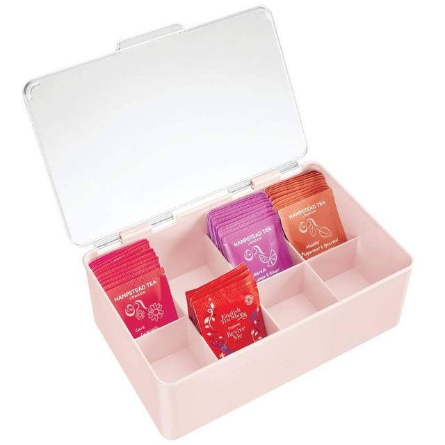 mDesign Stackable Plastic Tea Bag Holder Storage Bin Box with Clear Top Lid for Kitchen Cabinets, Countertops, Pantry - Holds Beverage Bags, Cups, Pods, Packets, Condiments- Light Pink/Clear