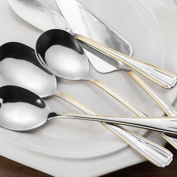5 Piece Hostess Set - 18/10 Stainless Steel Serving Utensil Set - Gorgeous Vintage Handle with Gold Detailing - Dishwasher Safe - Silver and Gold Flatware Hostess Serveware (Amalfi)