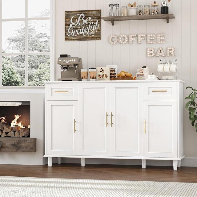HOSTACK Modern Sideboard Buffet Cabinet with Storage, 55" Large Kitchen Buffet Storage Cabinet with Drawers and Shelves, Wood Coffee Bar Cabinet with Gold Handles for Dining Room, Living Room, White